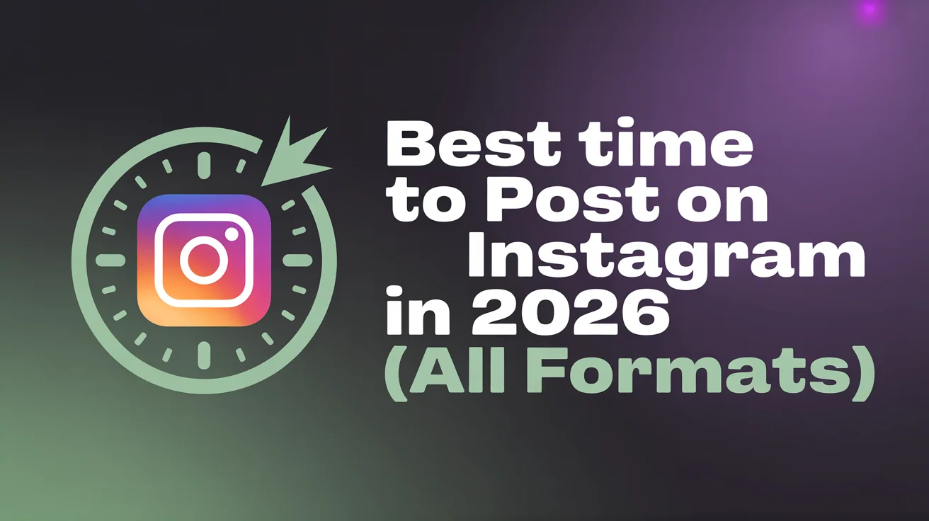 Instagram logo and stickers showing timing strategy and optimal posting windows for all content types including posts, reels, stories and carousels