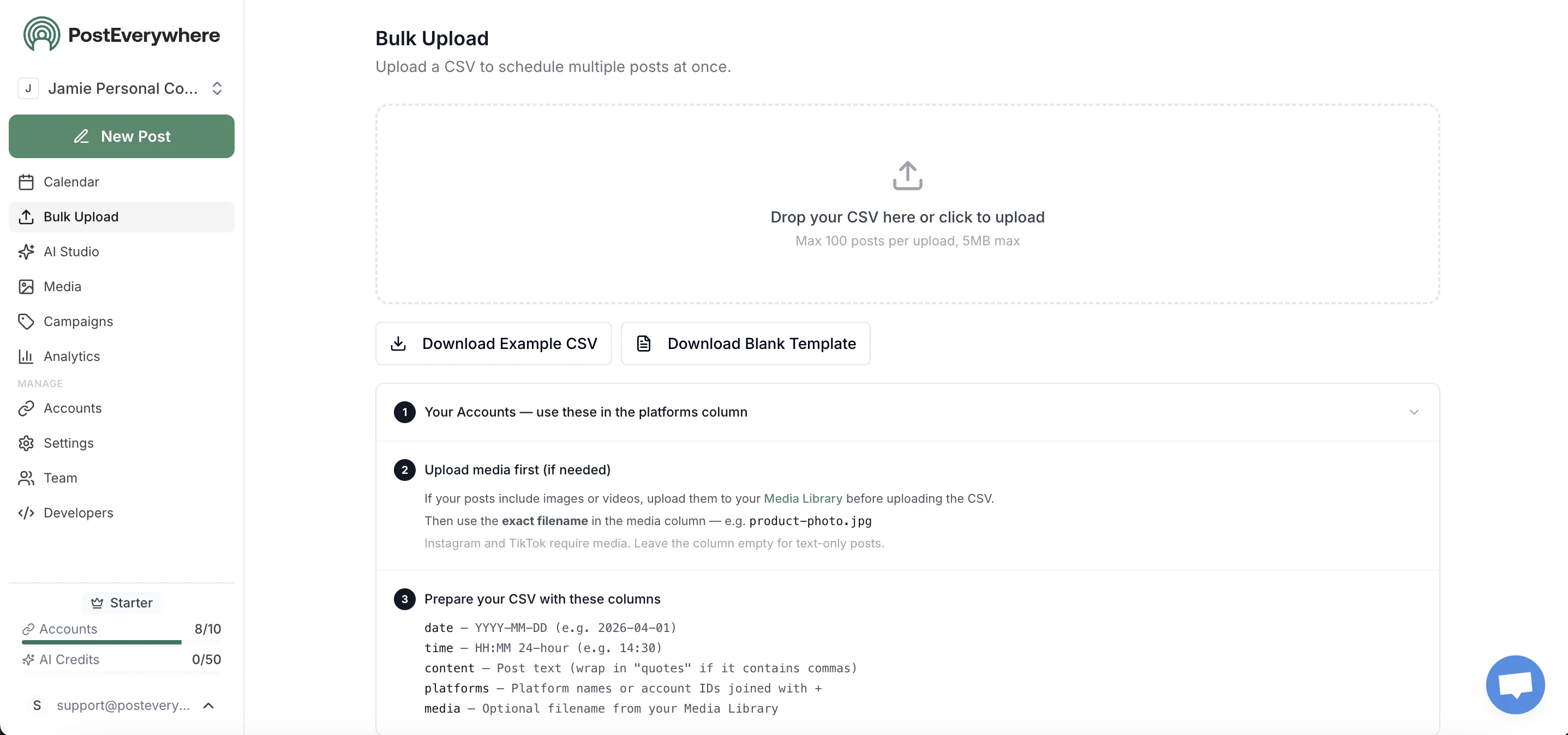 PostEverywhere bulk scheduling interface with CSV upload and multi-account posting