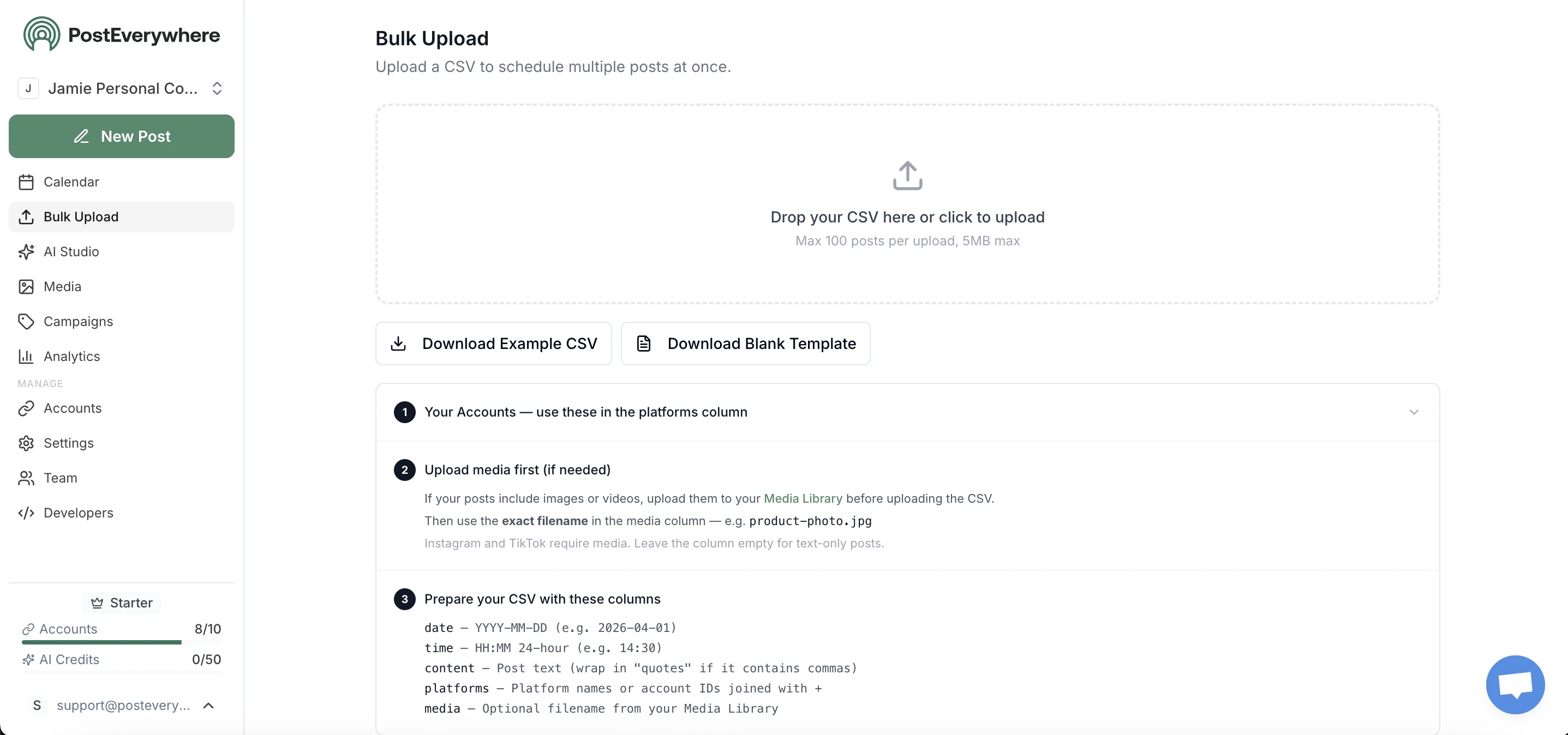 PostEverywhere bulk scheduling interface with CSV upload and multi-account posting