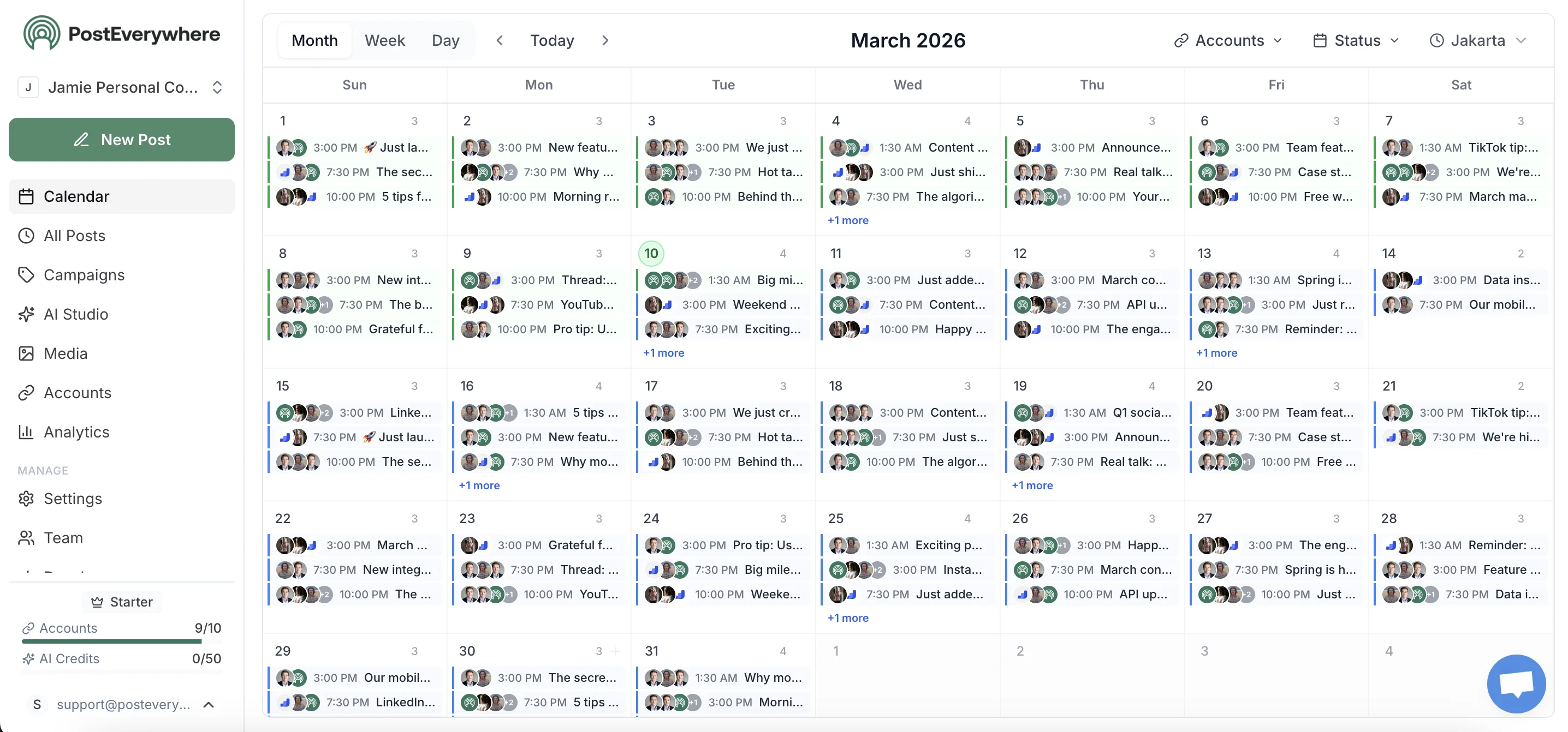 PostEverywhere content calendar showing scheduled posts across all social media platforms
