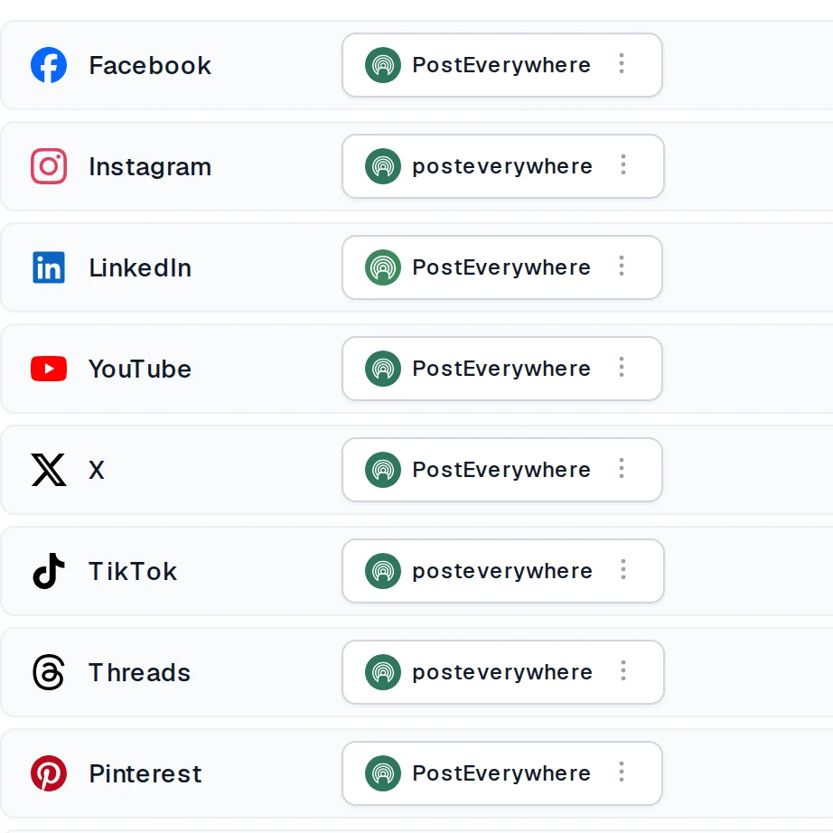 Facebook, Instagram, LinkedIn, YouTube, X, TikTok, Threads and Pinterest accounts connected to PostEverywhere