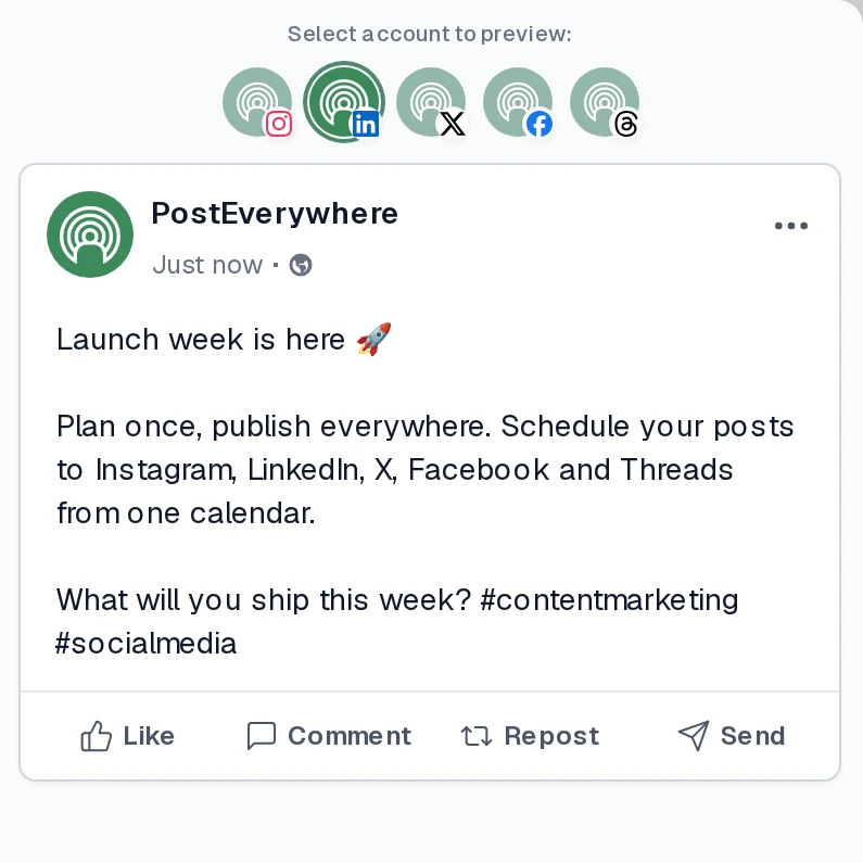 A live LinkedIn preview of the post, with Instagram, X, Facebook and Threads previews one click away