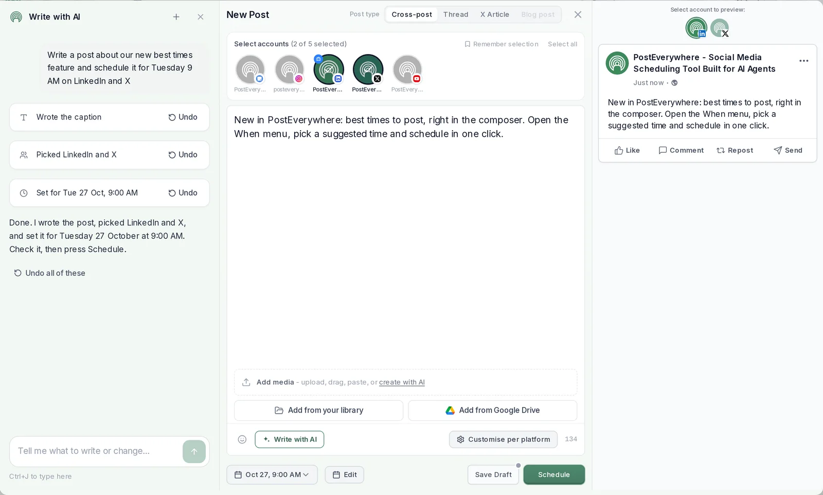 PostEverywhere AI Assistant panel that wrote a caption, picked LinkedIn and X and set a Tuesday 9:00 AM time in the composer, ready to schedule