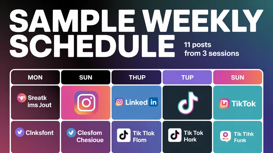 Weekly posting schedule — Instagram, LinkedIn, TikTok across Monday to Friday, 11 posts total