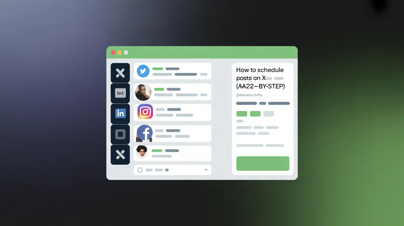 Desktop screen showing multi-platform post upload to X, LinkedIn, Instagram, Facebook with individual text customization