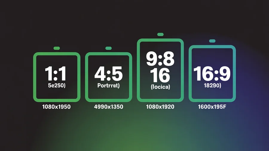 Four key social media aspect ratios — 1:1 square, 4:5 portrait, 9:16 vertical, 16:9 landscape with dimensions