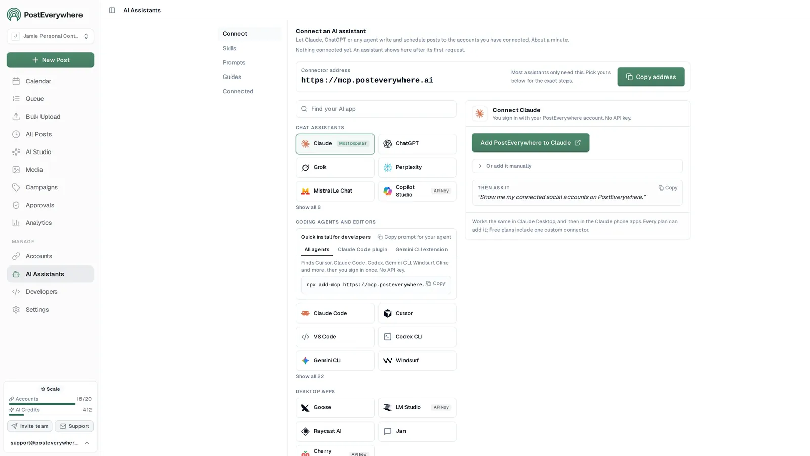 PostEverywhere AI Assistants page, connecting an AI agent with one address