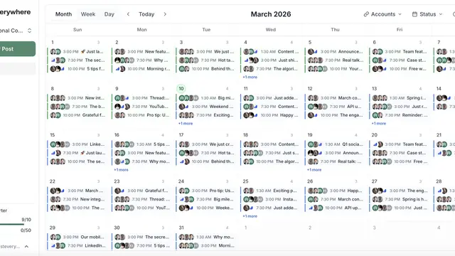 PostEverywhere social media content calendar with posts scheduled across every platform